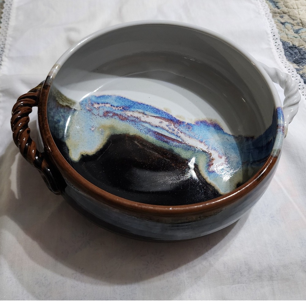 Signed Studio Art Pottery Serving Bowl Abstract Blue Brown Glaze Rope‎ Handles